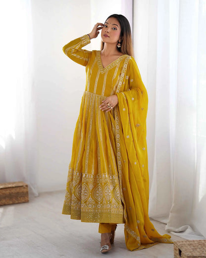 Dark Yellow Sequins Embroidery Work Georgette Gown And Dupatta