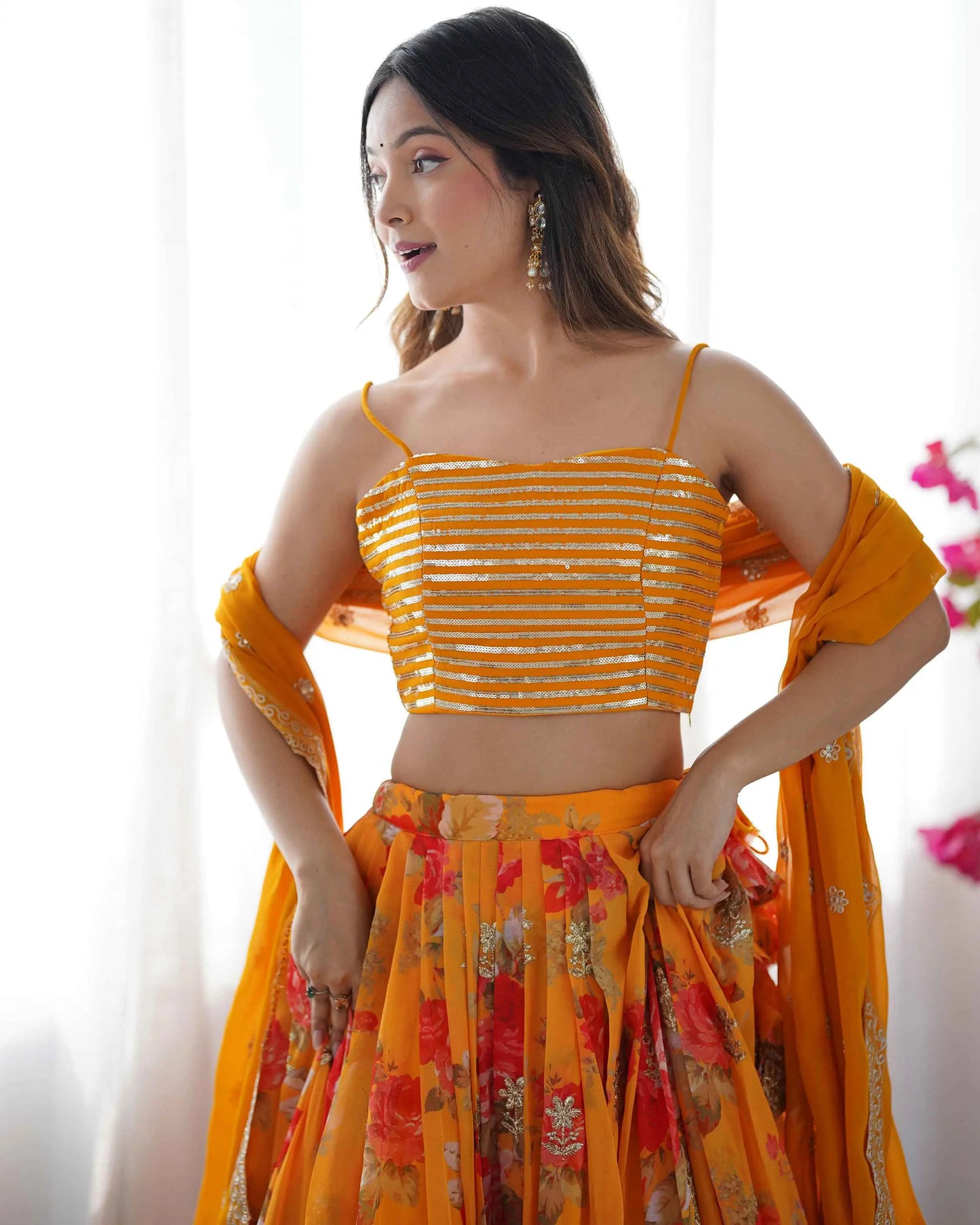 Yellowish Orange Floral print With Embroidery Work Lehenga With Koti