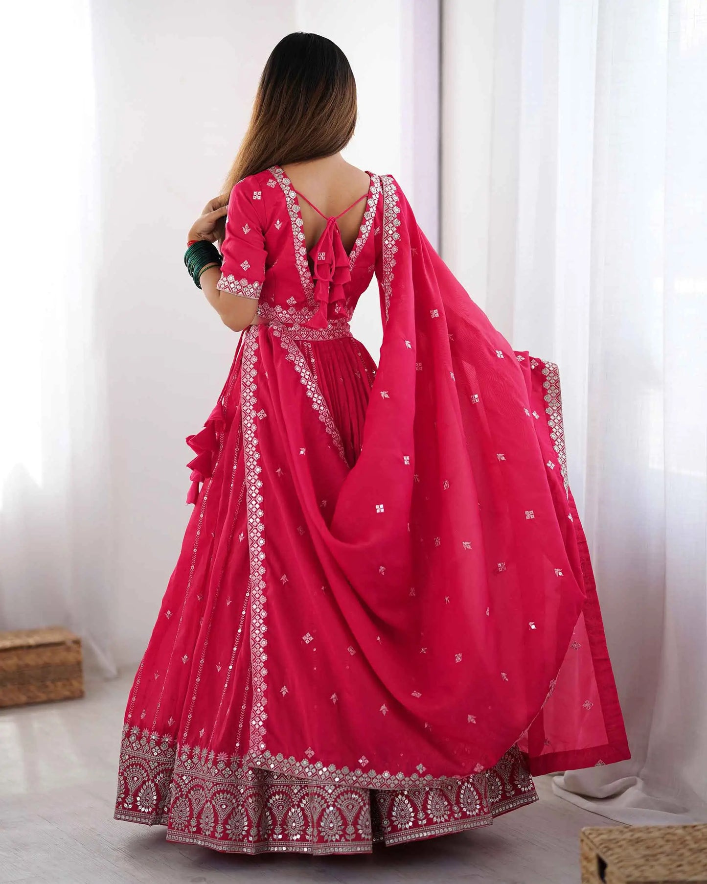 Red Pink Sequins Embroidery Work Lehenga With Dupatta