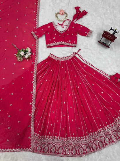 Red Pink Sequins Embroidery Work Lehenga With Dupatta