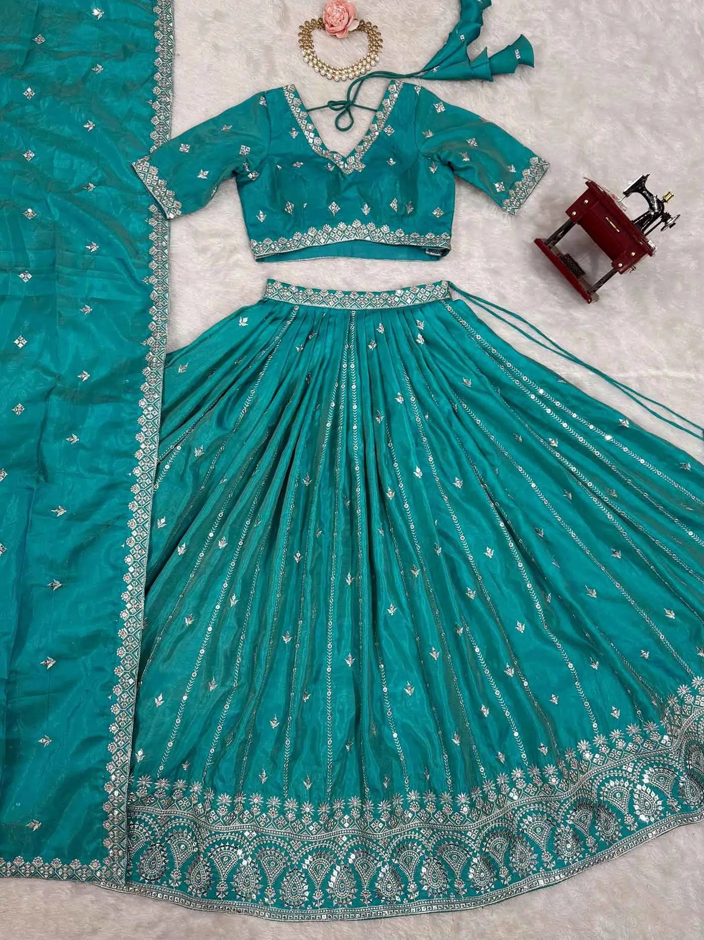 Dark Aqua Blue Sequins Embroidery Work Lehenga With Dupatta