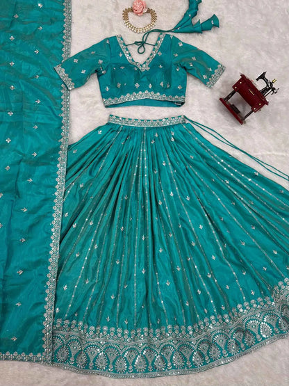 Dark Aqua Blue Sequins Embroidery Work Lehenga With Dupatta