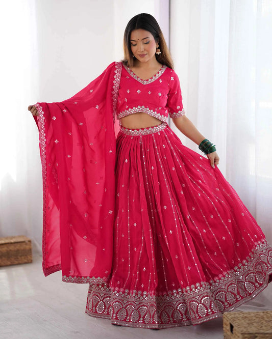 Red Pink Sequins Embroidery Work Lehenga With Dupatta