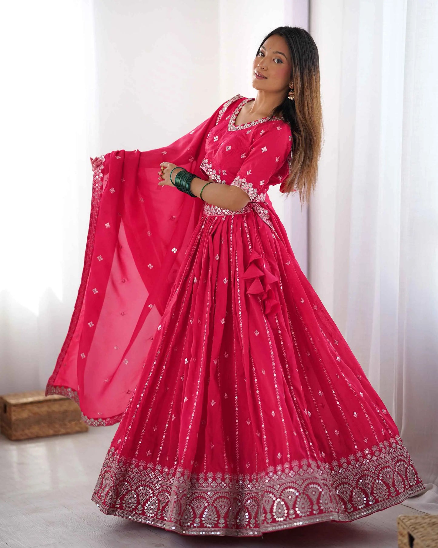 Red Pink Sequins Embroidery Work Lehenga With Dupatta