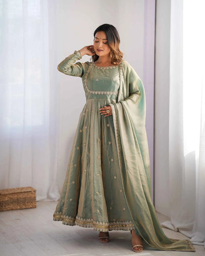 Designer Shiny Olive Green Cording Sequins Embroidery Work Gown With Dupatta