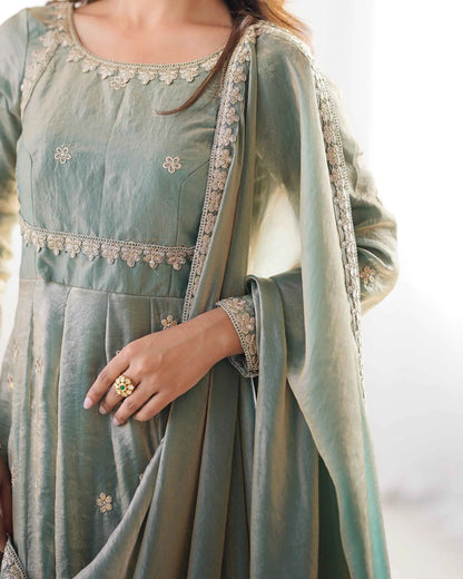 Designer Shiny Olive Green Cording Sequins Embroidery Work Gown With Dupatta