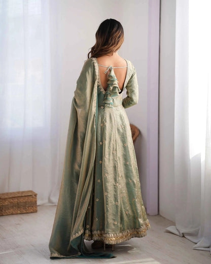Designer Shiny Olive Green Cording Sequins Embroidery Work Gown With Dupatta