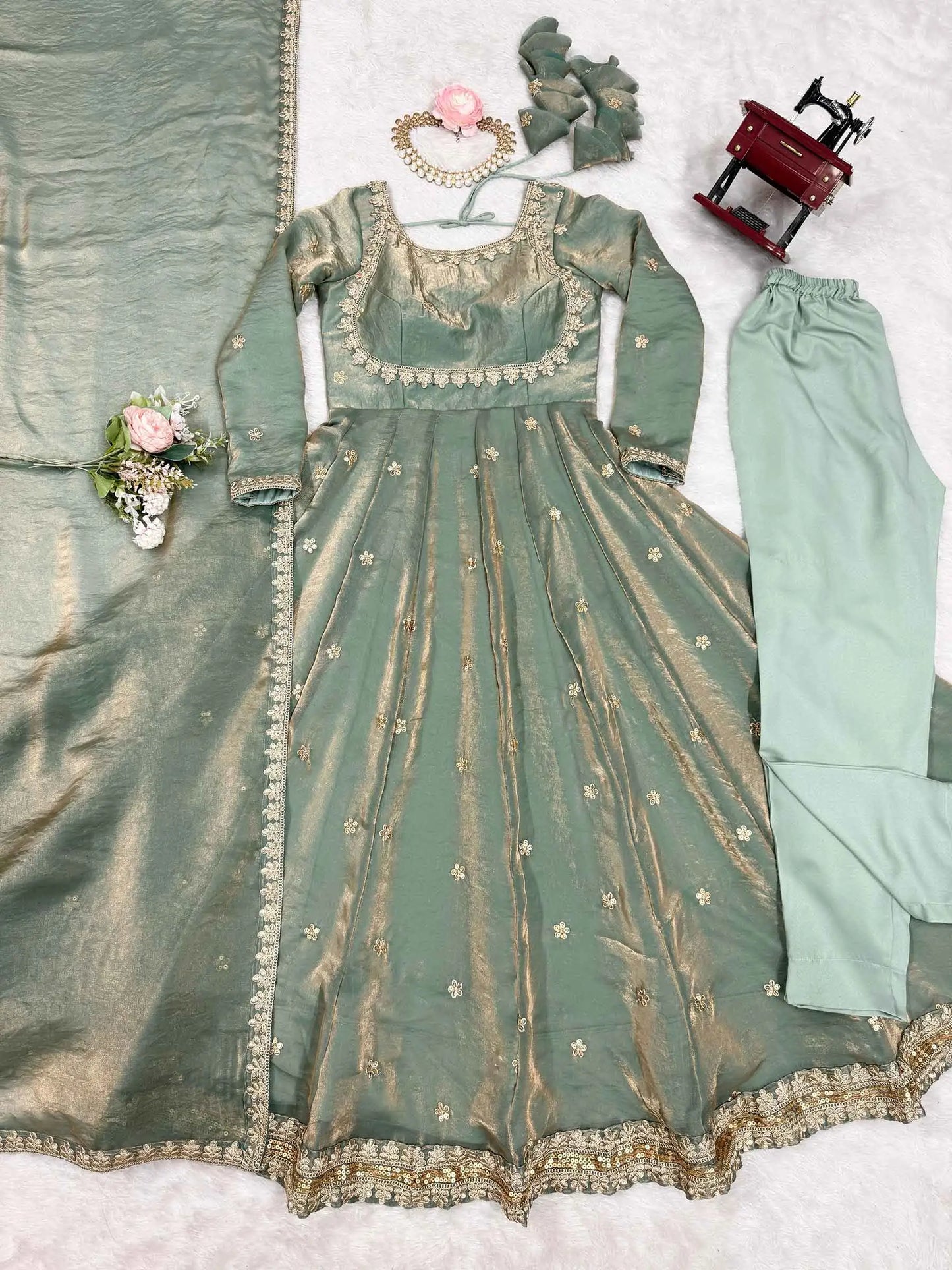 Designer Shiny Olive Green Cording Sequins Embroidery Work Gown With Dupatta