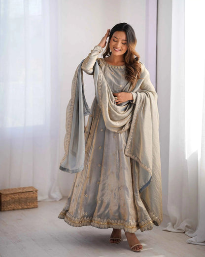 Silver Grey Cording Sequins Embroidery Work Designer Gown With Dupatta