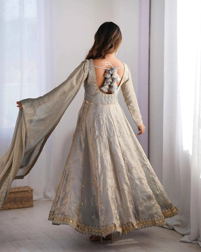 Silver Grey Cording Sequins Embroidery Work Designer Gown With Dupatta