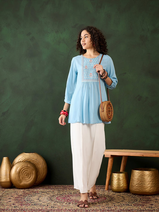 Sky Blue Short Kurti - Guldori