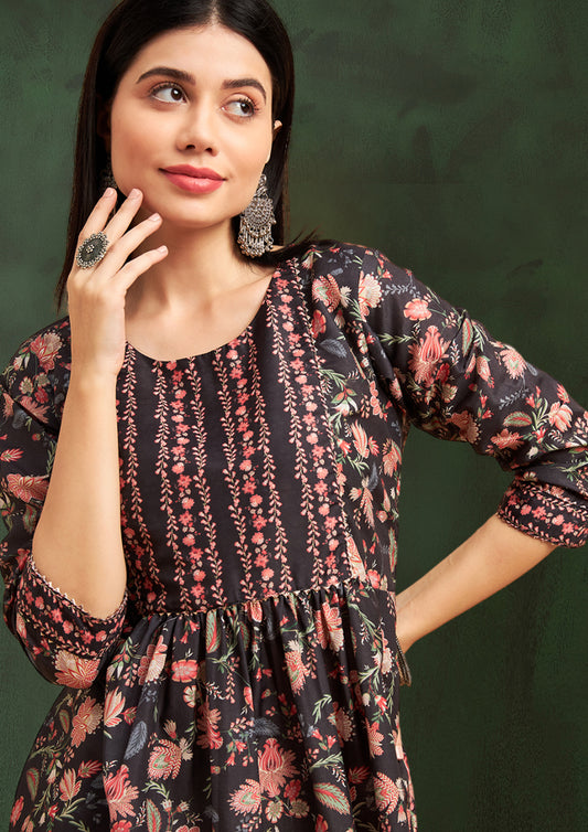 Black Flower Print Short Kurti - Guldori