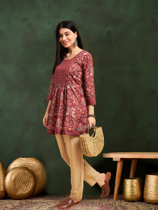 Red Printed Short Kurti - Guldori