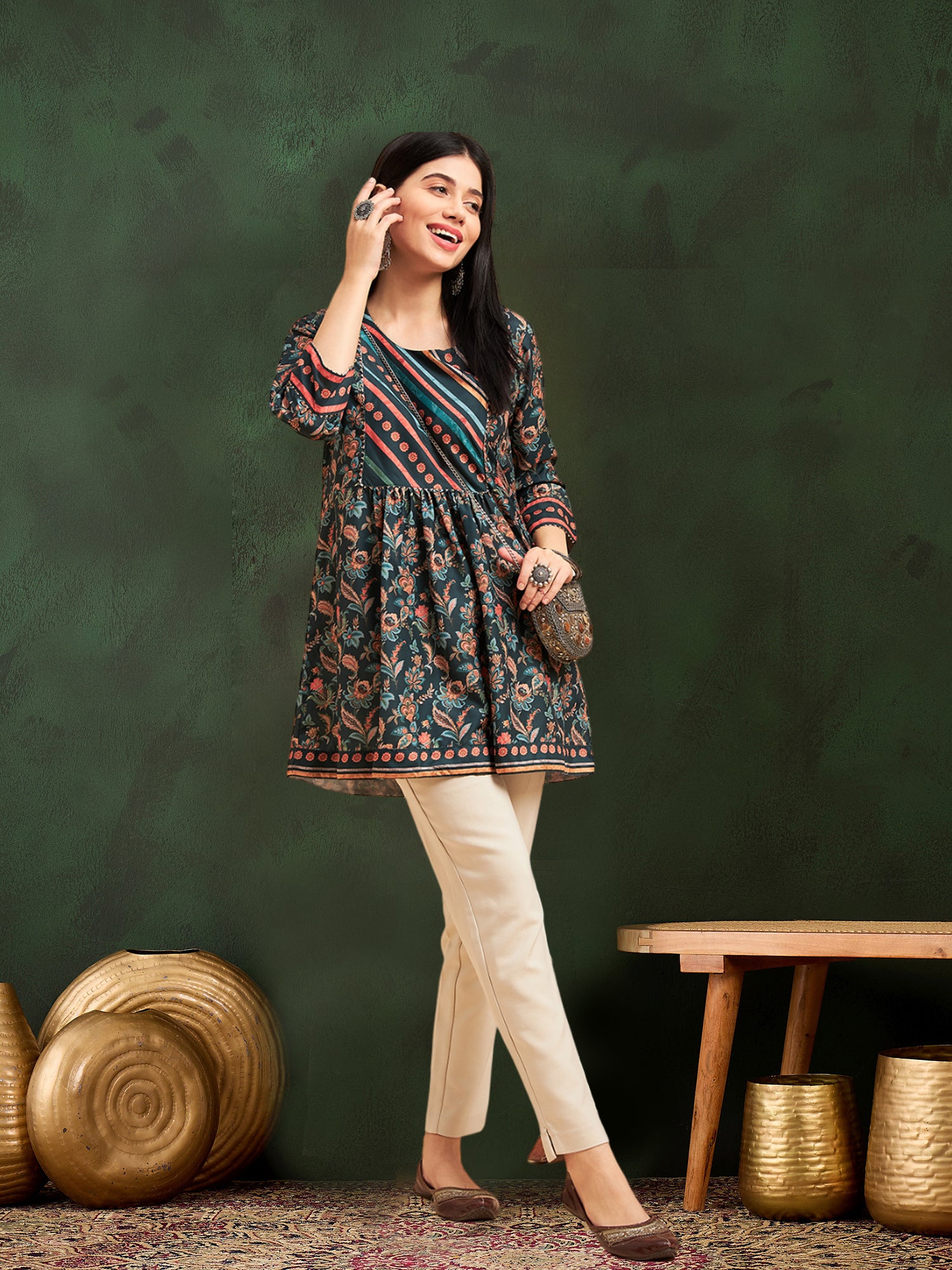 Green Flower Print Short Kurti - Guldori