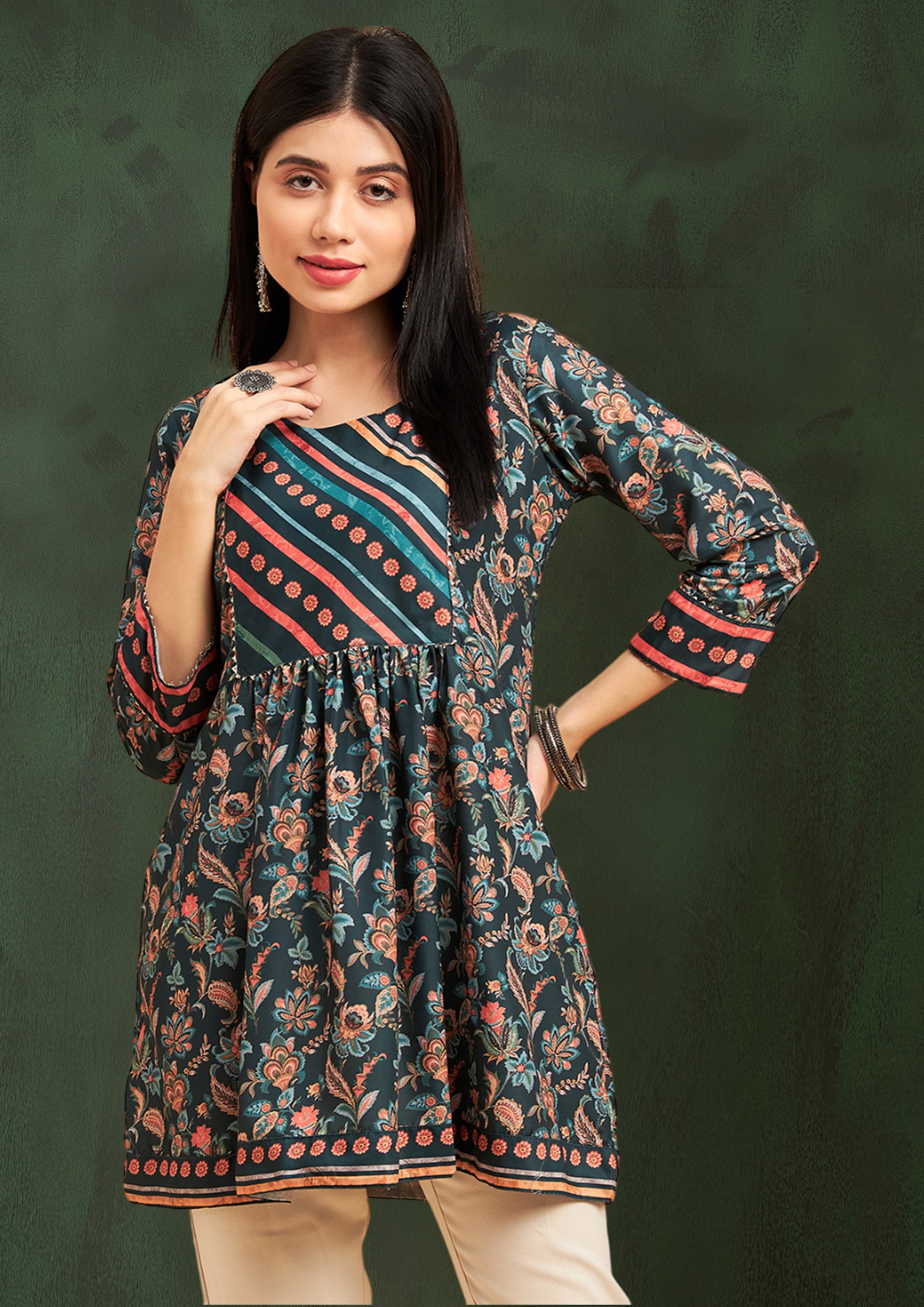 Green Flower Print Short Kurti - Guldori