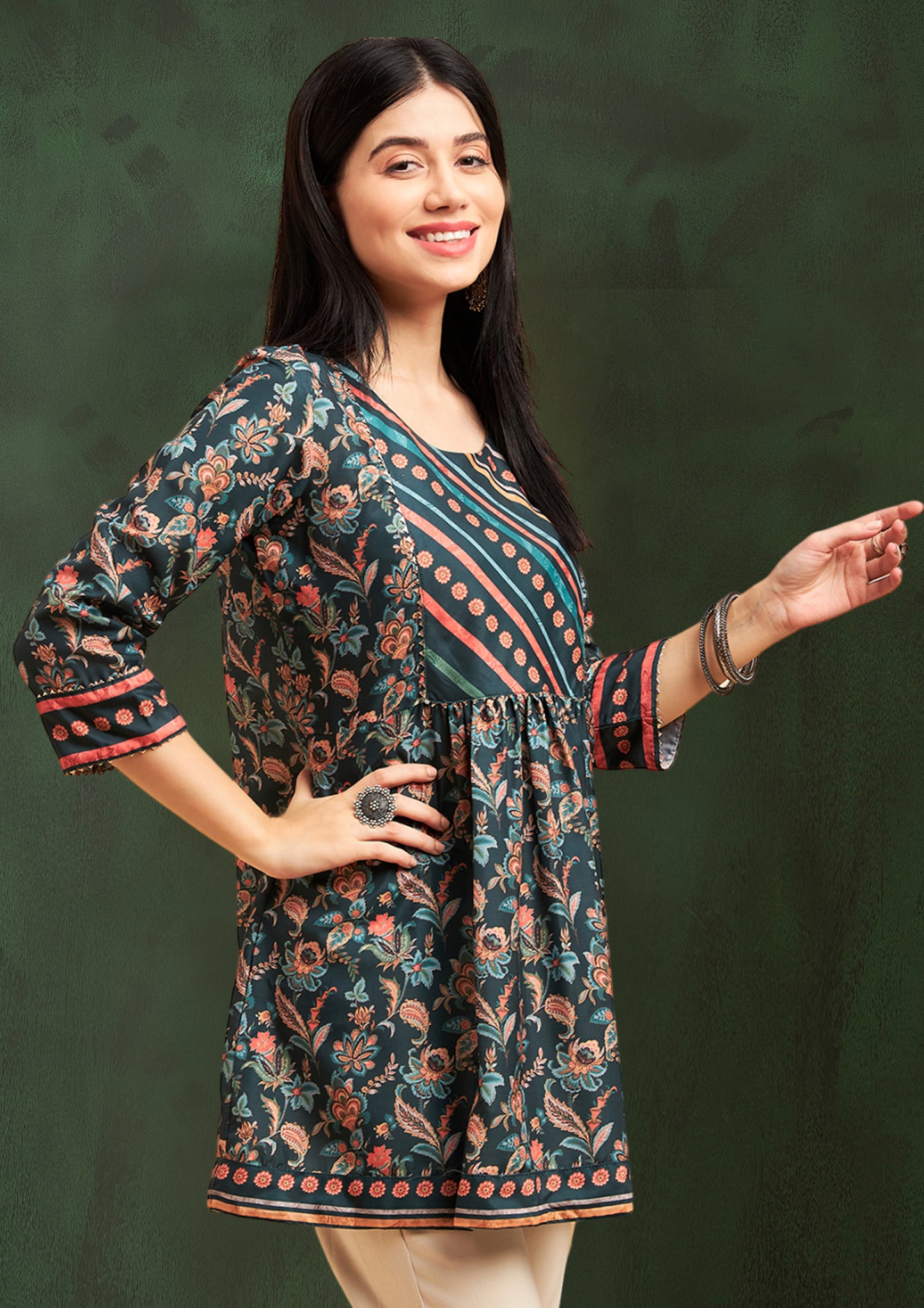 Green Flower Print Short Kurti - Guldori