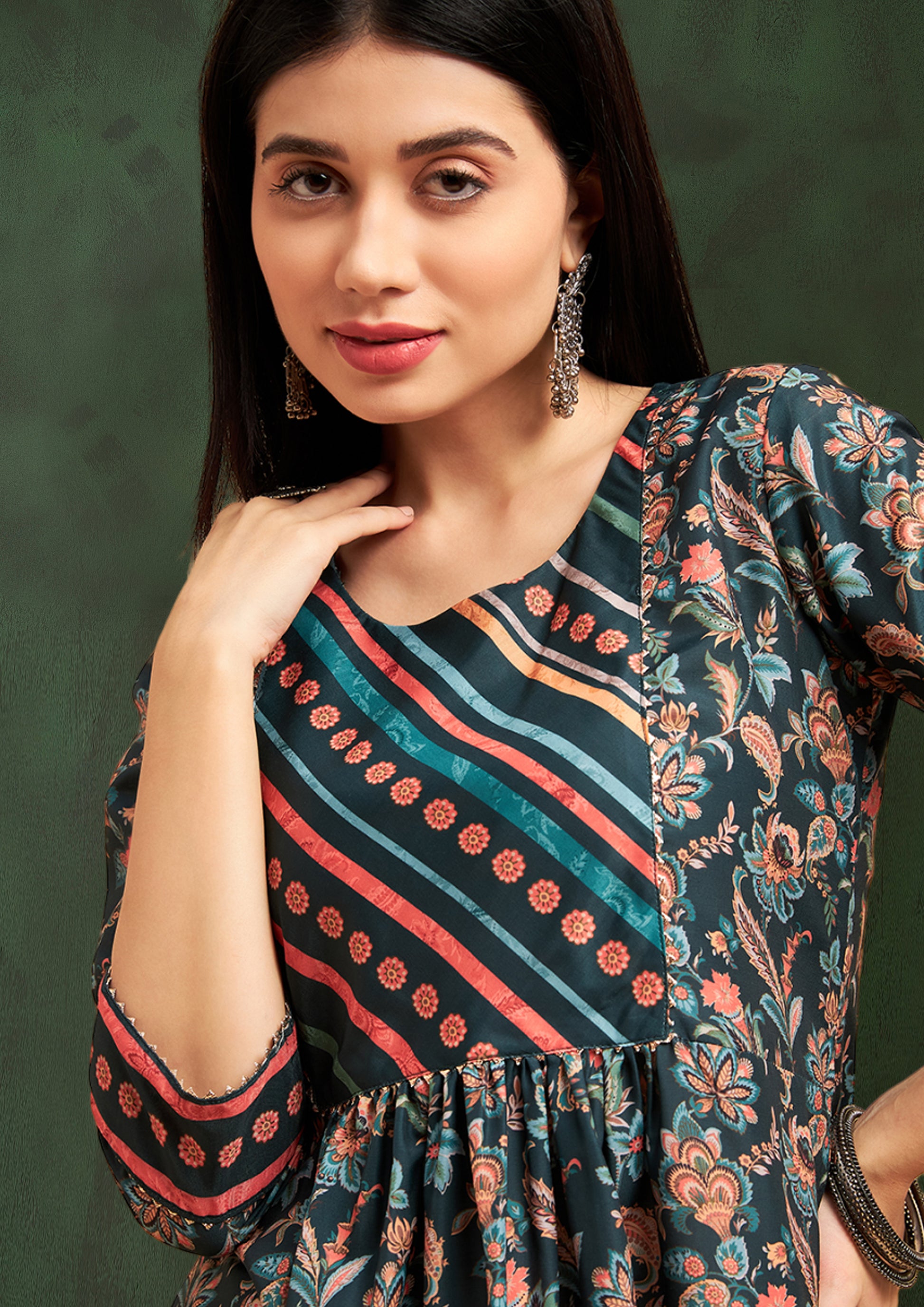 Green Flower Print Short Kurti - Guldori