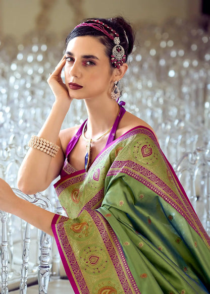 Green Pure Soft Banarasi Silk Saree with Zari Weaving & Contrast Border