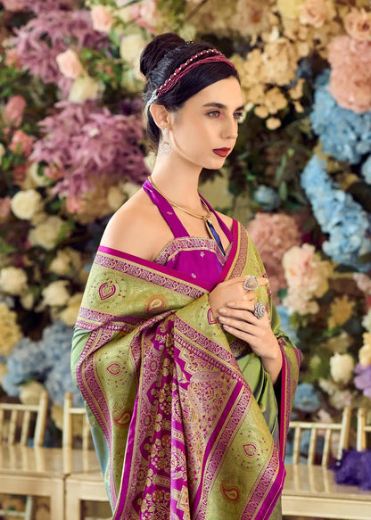 Green Pure Soft Banarasi Silk Saree with Zari Weaving & Contrast Border
