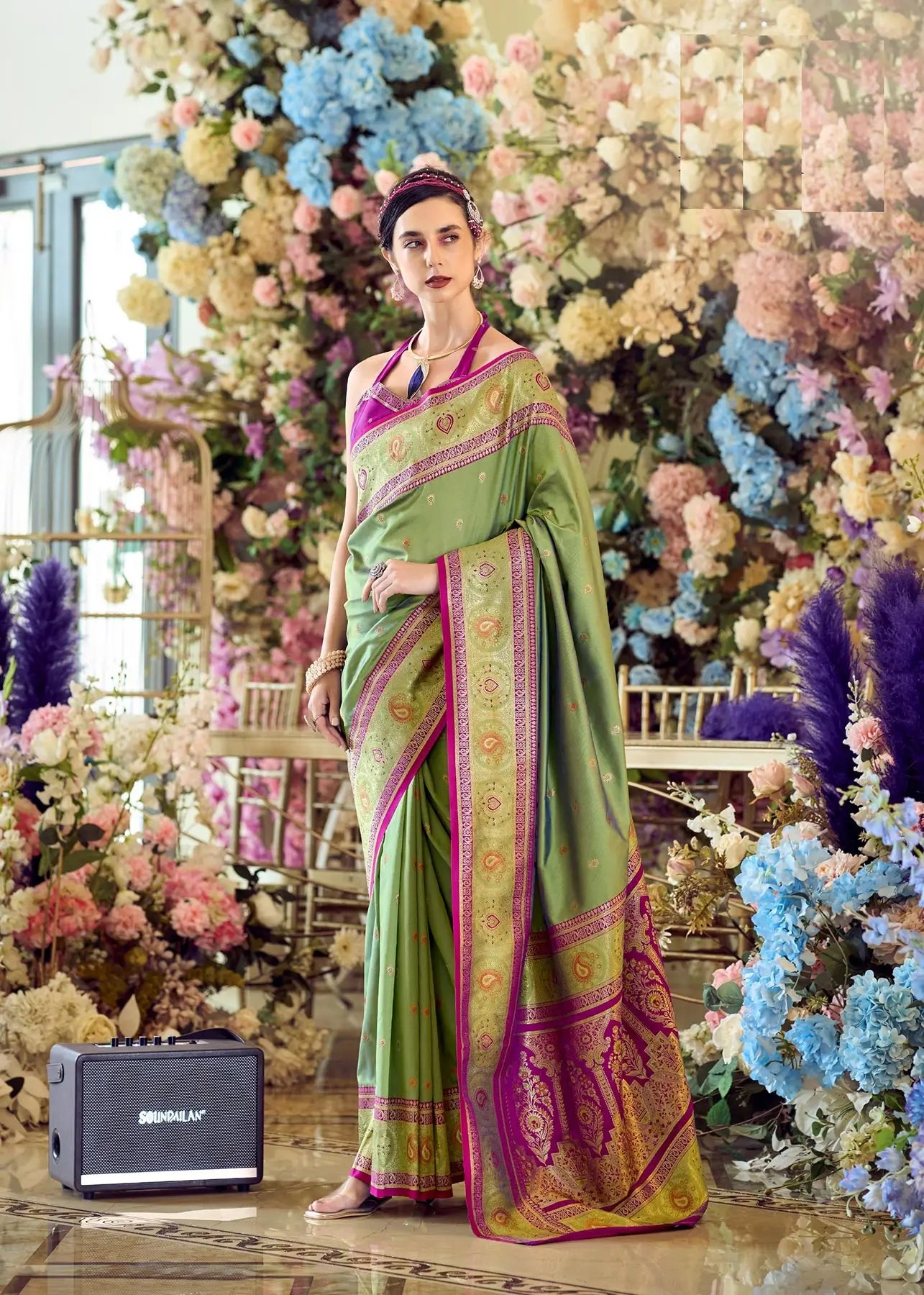 Green Pure Soft Banarasi Silk Saree with Zari Weaving & Contrast Border