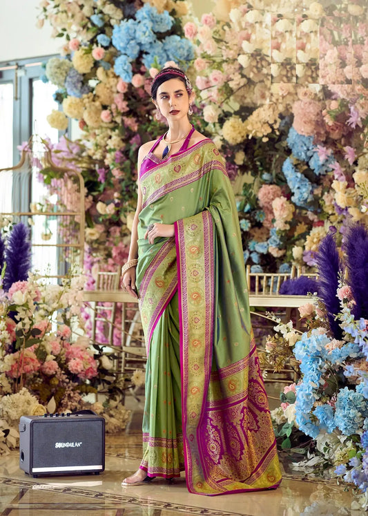 Green Pure Soft Banarasi Silk Saree with Zari Weaving & Contrast Border