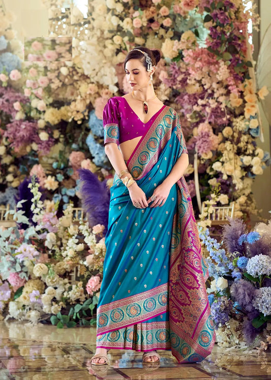 Teal Blue  Soft Banarasi Silk Saree with Zari Weaving & Contrast Border