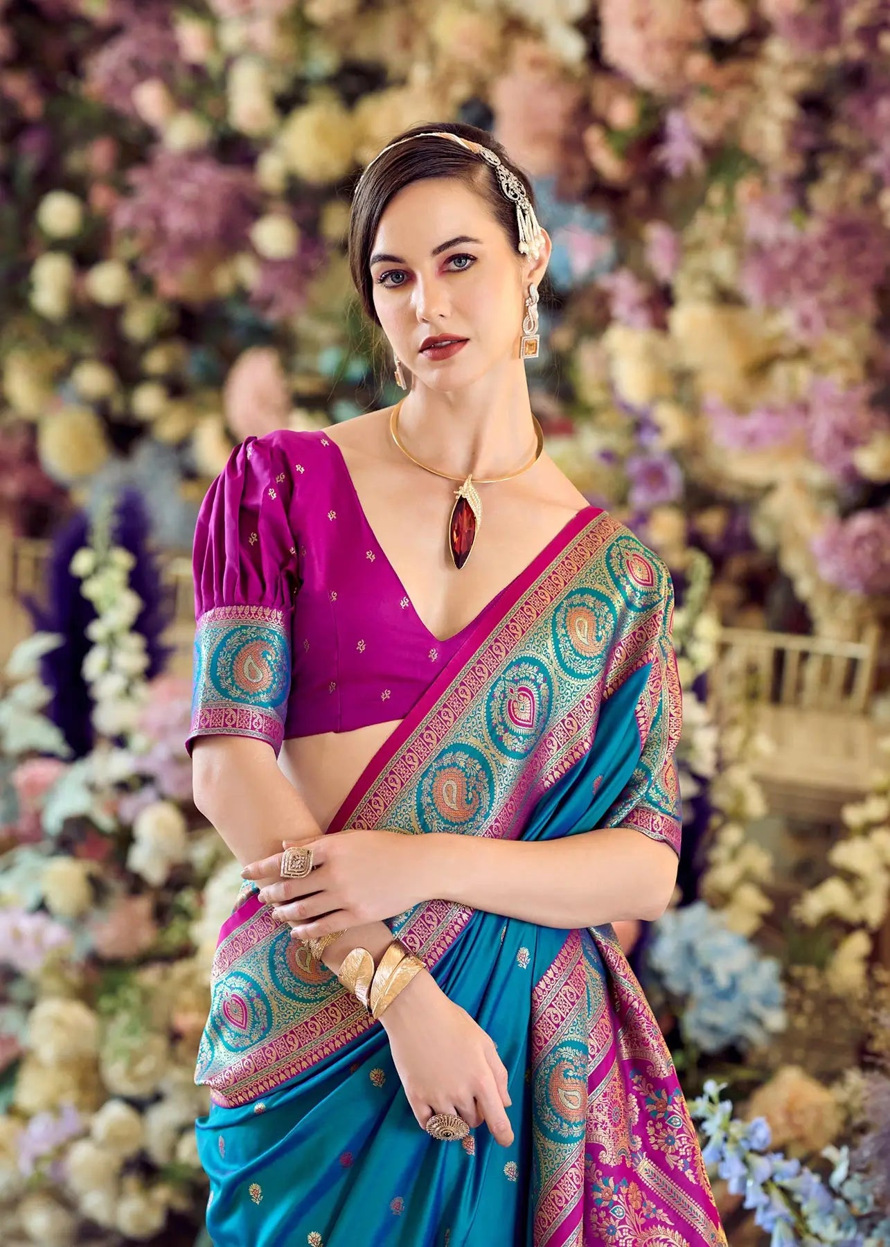 Teal Blue  Soft Banarasi Silk Saree with Zari Weaving & Contrast Border