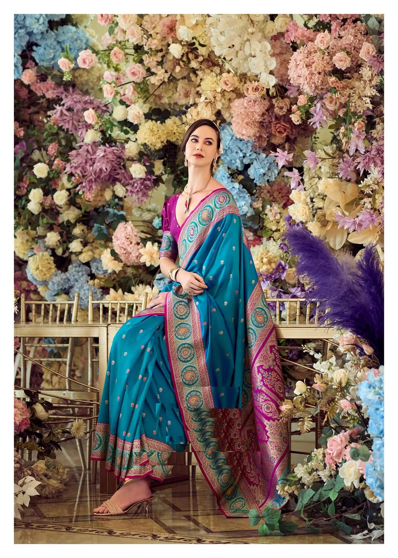 Teal Blue  Soft Banarasi Silk Saree with Zari Weaving & Contrast Border
