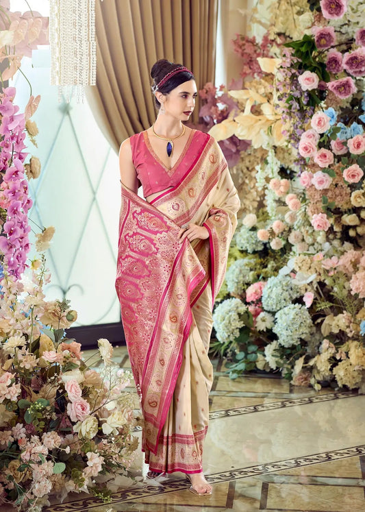 Beige  Pure Soft Banarasi Silk Saree with Zari Weaving & Contrast Border