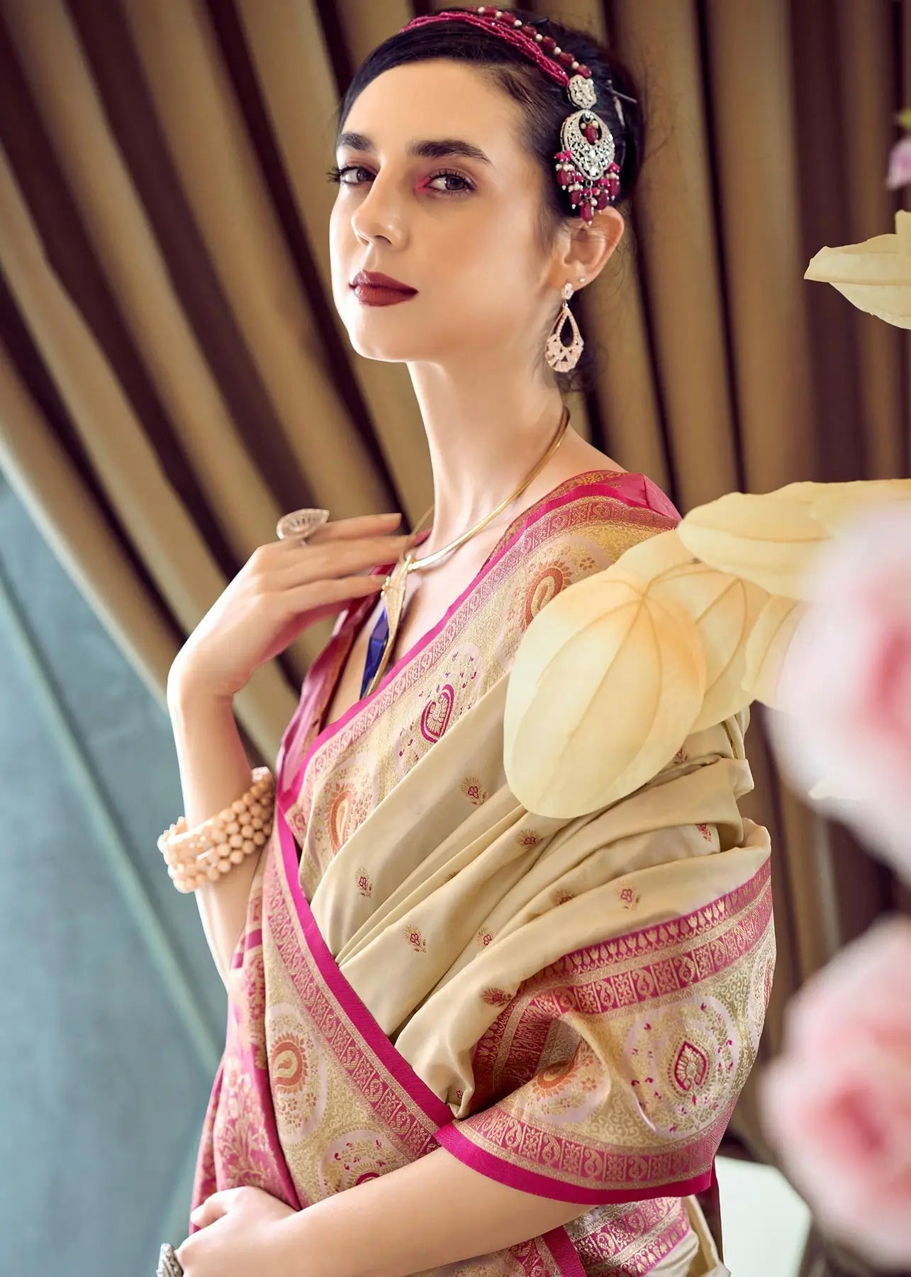 Beige  Pure Soft Banarasi Silk Saree with Zari Weaving & Contrast Border