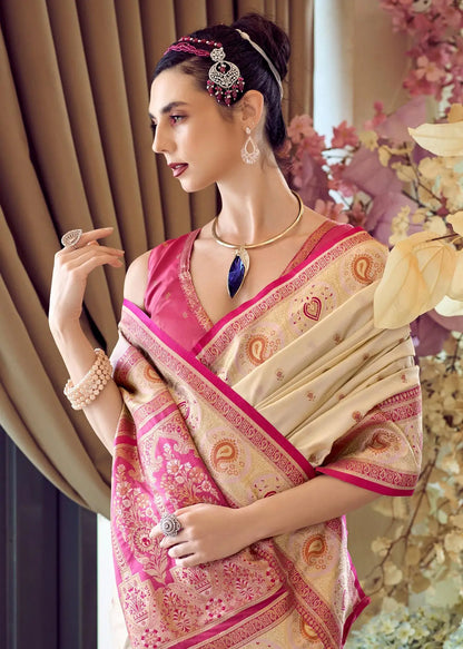 Beige  Pure Soft Banarasi Silk Saree with Zari Weaving & Contrast Border