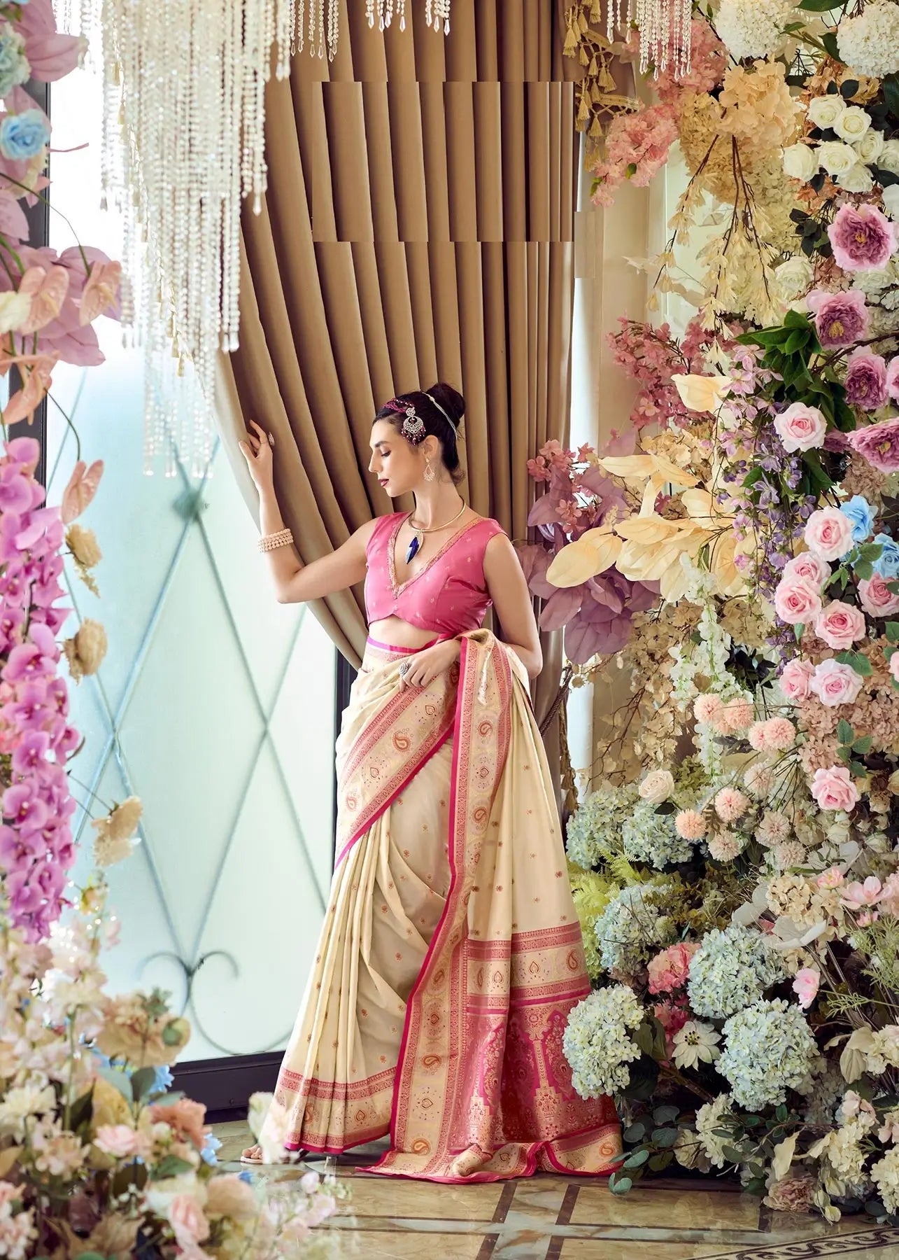 Beige  Pure Soft Banarasi Silk Saree with Zari Weaving & Contrast Border