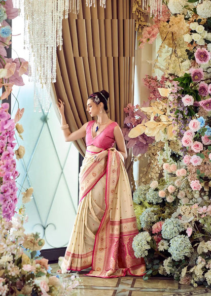 Beige  Pure Soft Banarasi Silk Saree with Zari Weaving & Contrast Border