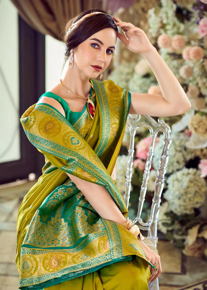 Teal Green Pure Soft Banarasi Silk Saree with Zari Weaving & Contrast Border