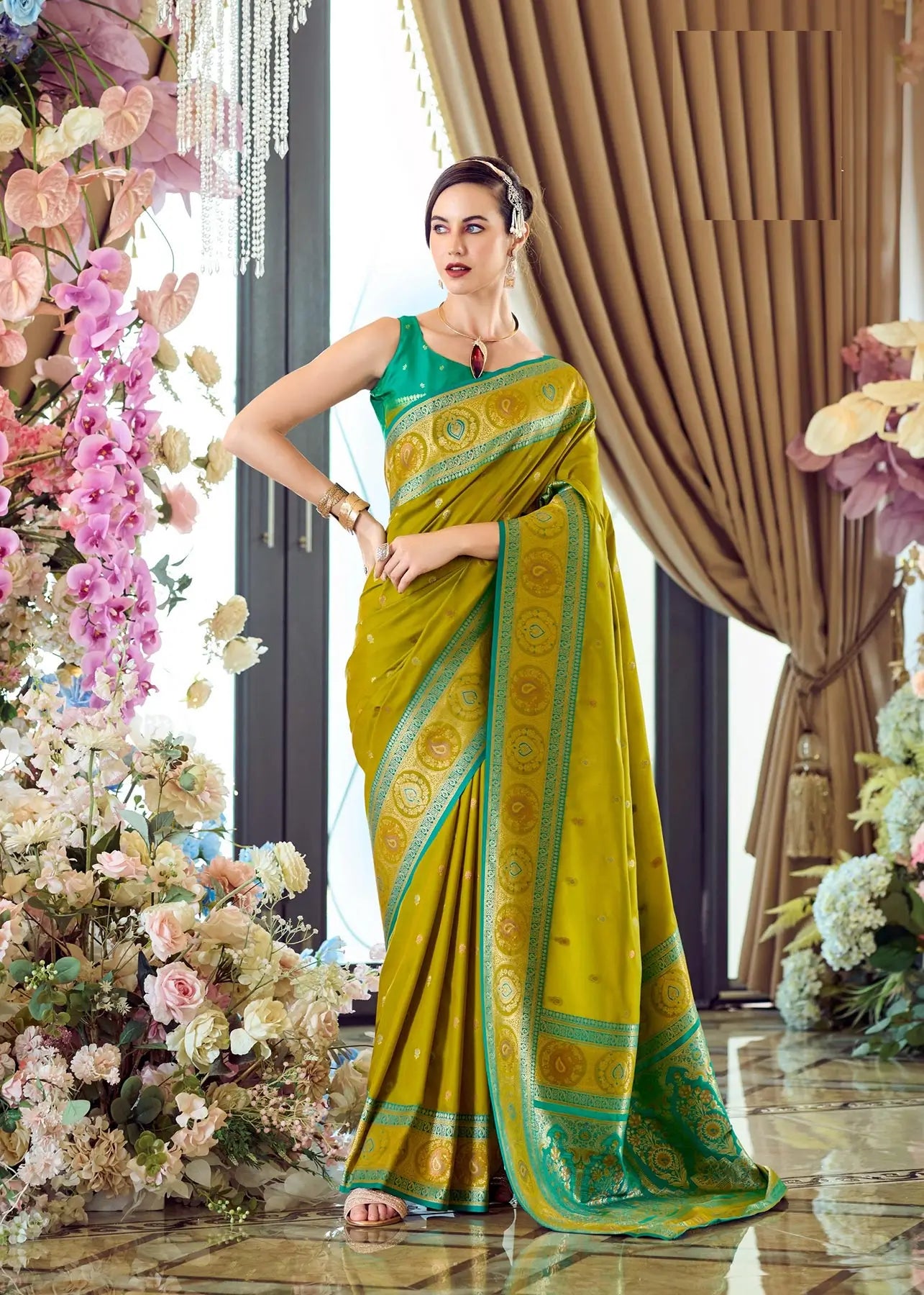 Teal Green Pure Soft Banarasi Silk Saree with Zari Weaving & Contrast Border