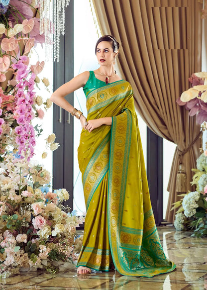 Teal Green Pure Soft Banarasi Silk Saree with Zari Weaving & Contrast Border