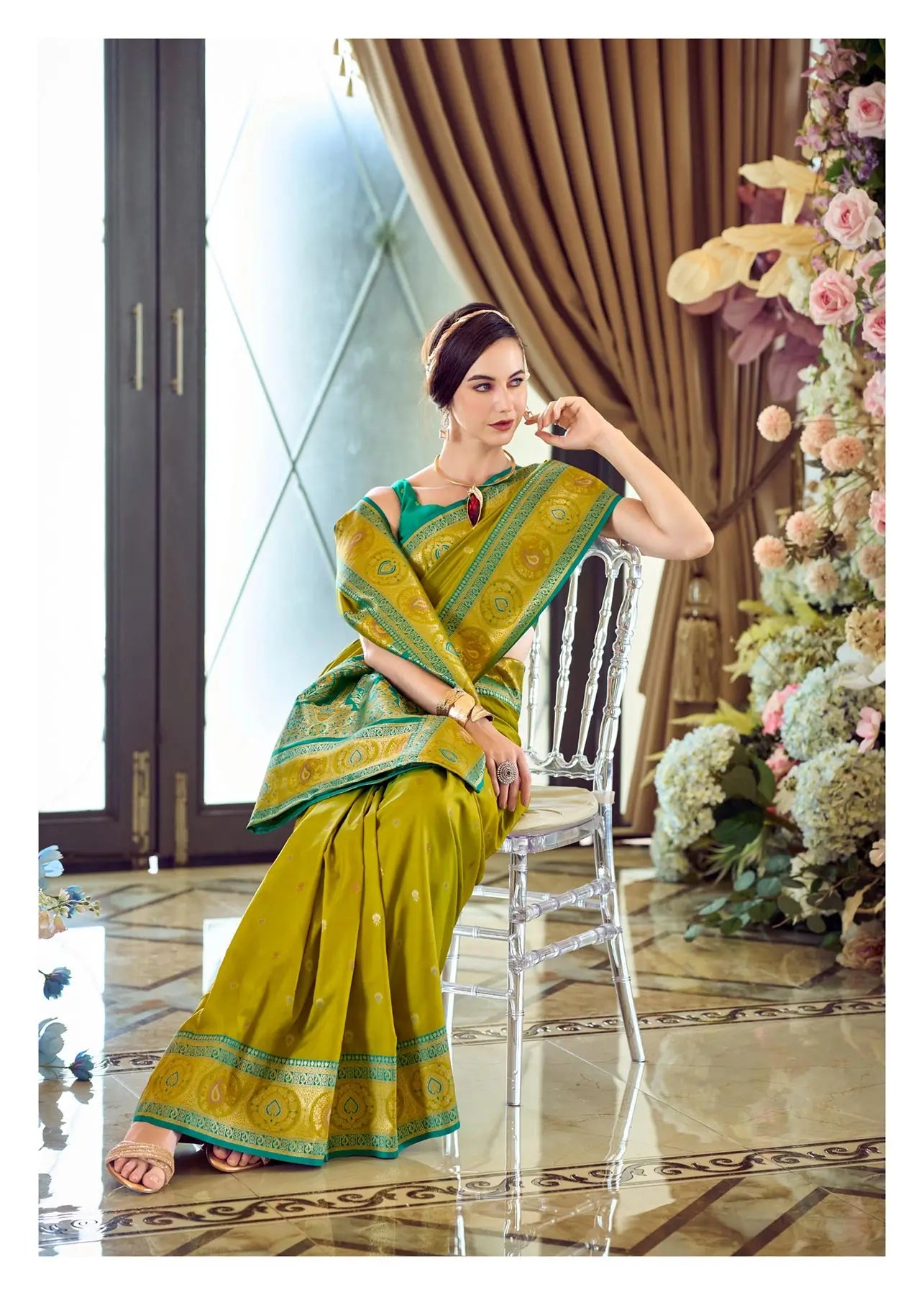 Teal Green Pure Soft Banarasi Silk Saree with Zari Weaving & Contrast Border