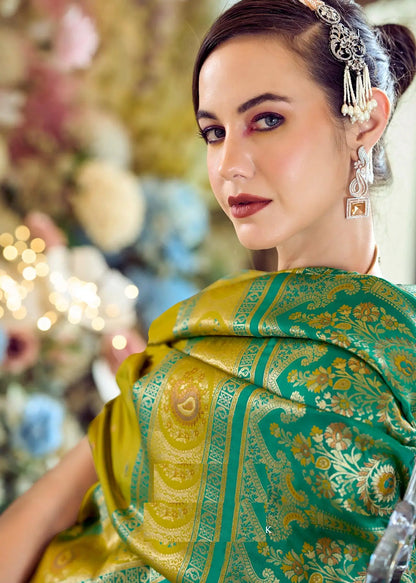 Teal Green Pure Soft Banarasi Silk Saree with Zari Weaving & Contrast Border