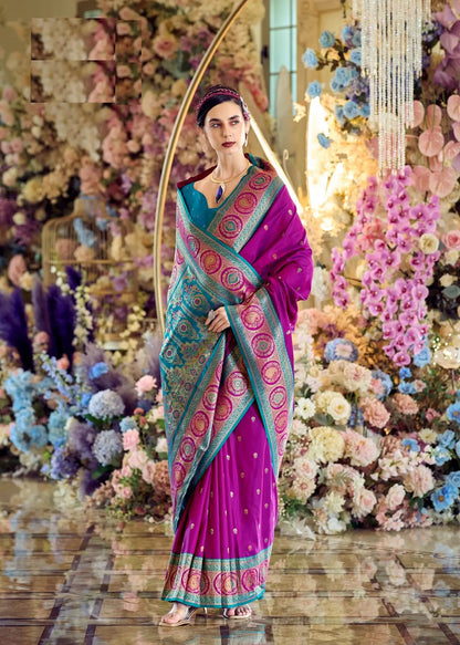 Dark Purple Pure Soft Banarasi Silk Saree with Zari Weaving & Contrast Border