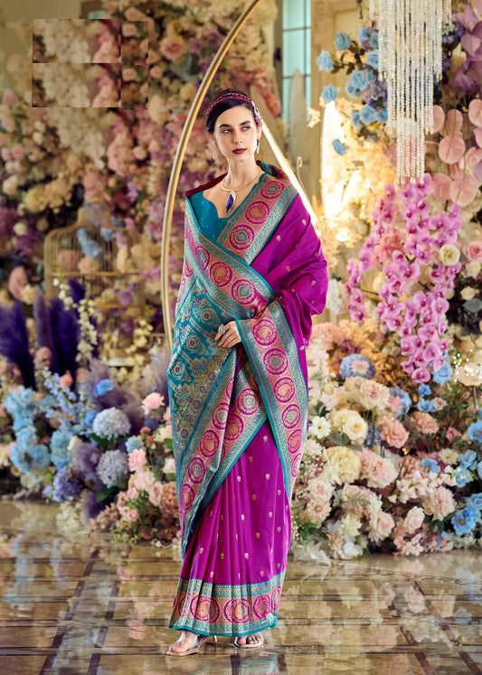 Dark Purple Pure Soft Banarasi Silk Saree with Zari Weaving & Contrast Border
