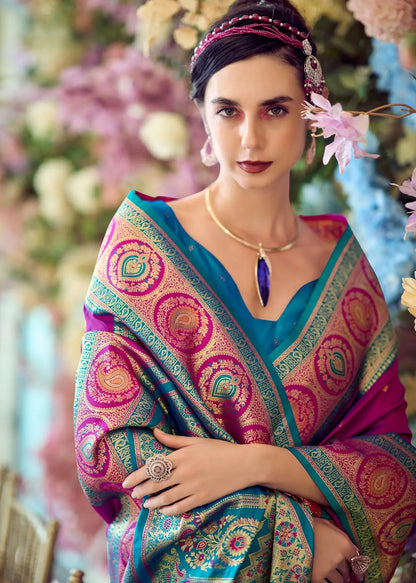 Dark Purple Pure Soft Banarasi Silk Saree with Zari Weaving & Contrast Border