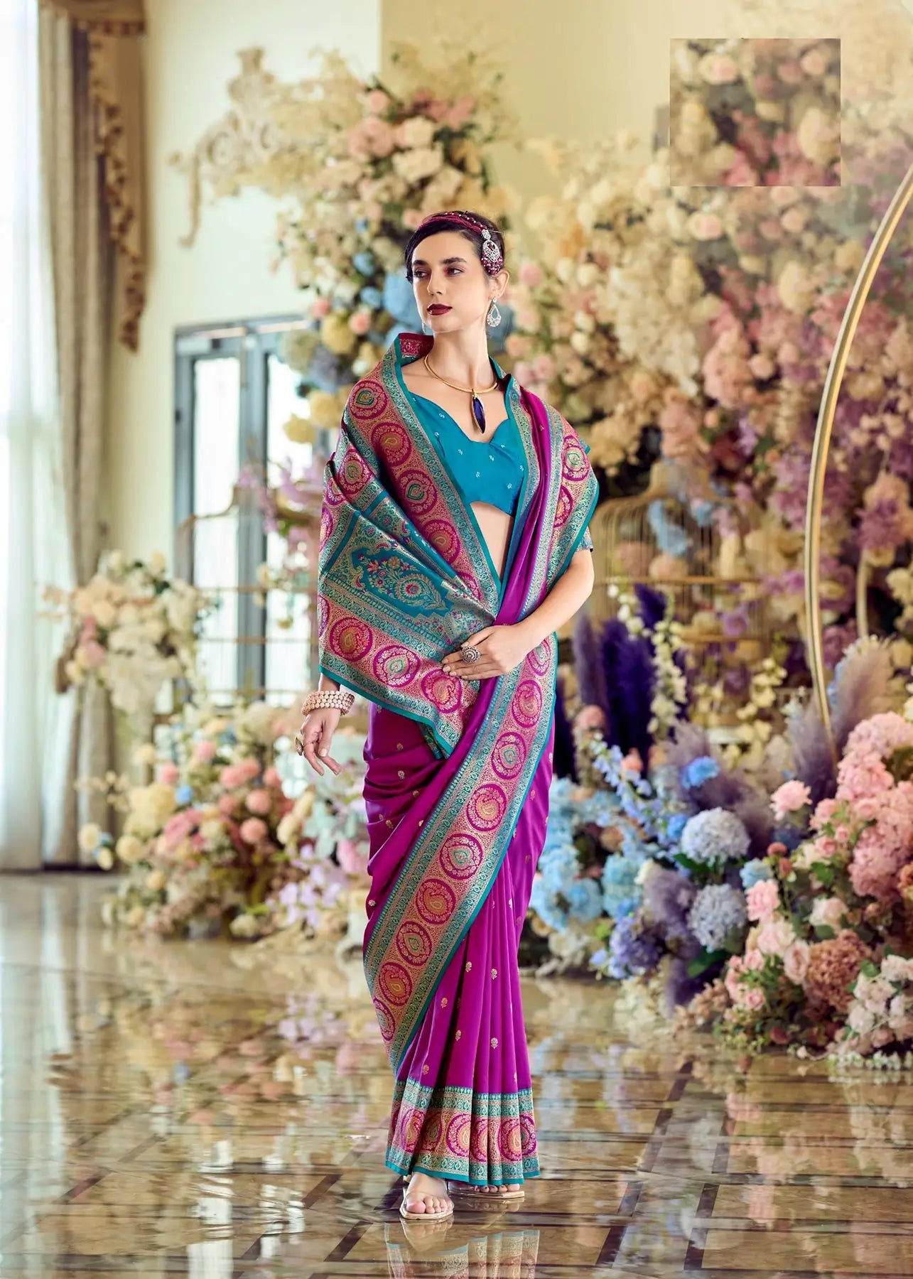 Dark Purple Pure Soft Banarasi Silk Saree with Zari Weaving & Contrast Border