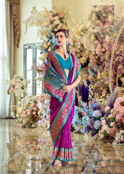 Dark Purple Pure Soft Banarasi Silk Saree with Zari Weaving & Contrast Border