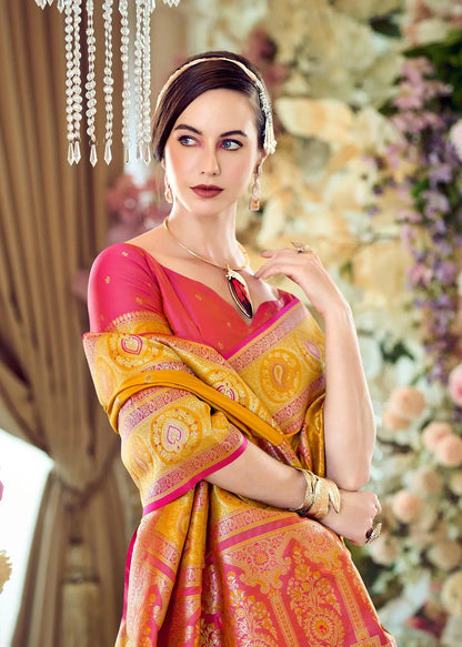 Yellow Pure Soft Banarasi Silk Saree with Zari Weaving & Contrast Border