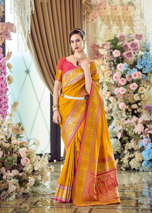 Yellow Pure Soft Banarasi Silk Saree with Zari Weaving & Contrast Border