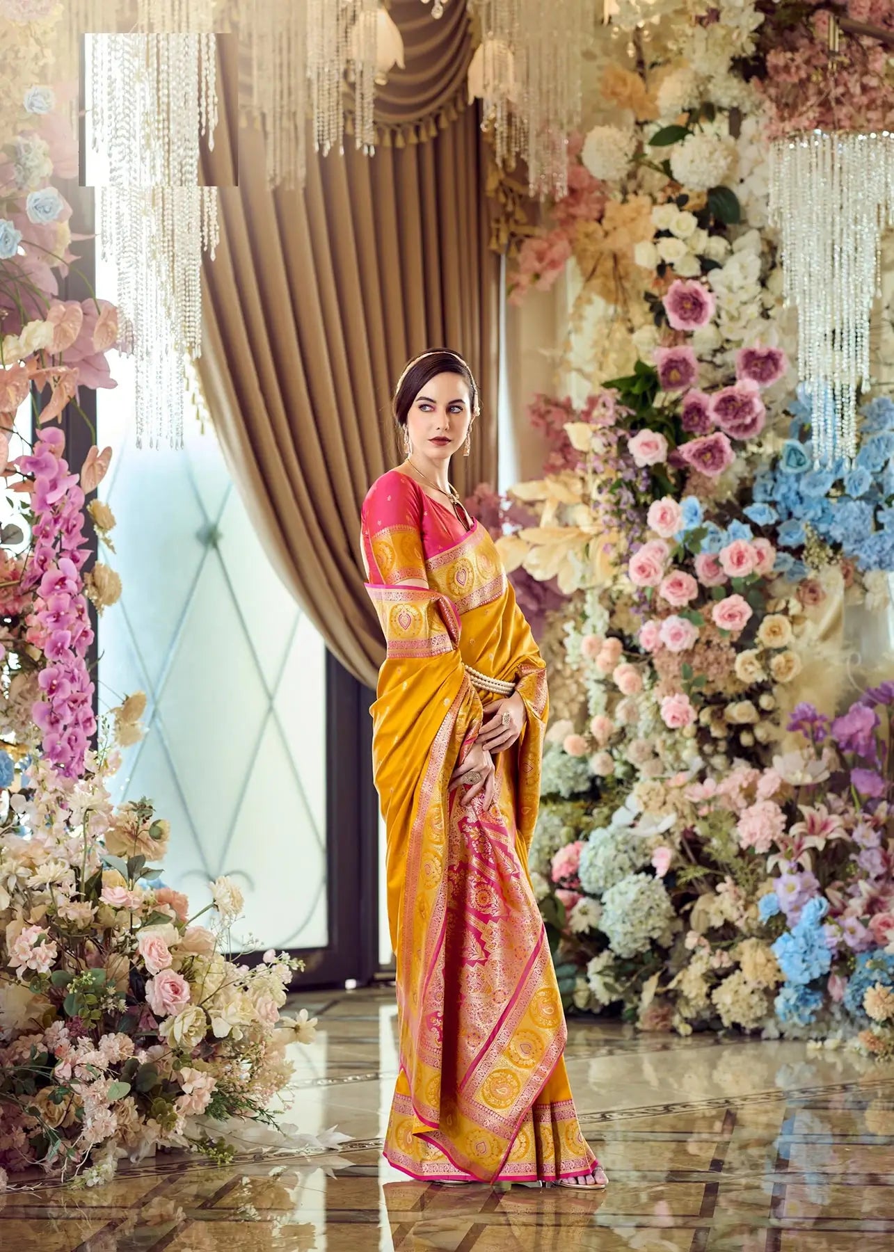 Yellow Pure Soft Banarasi Silk Saree with Zari Weaving & Contrast Border
