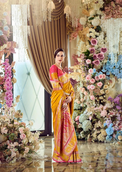 Yellow Pure Soft Banarasi Silk Saree with Zari Weaving & Contrast Border
