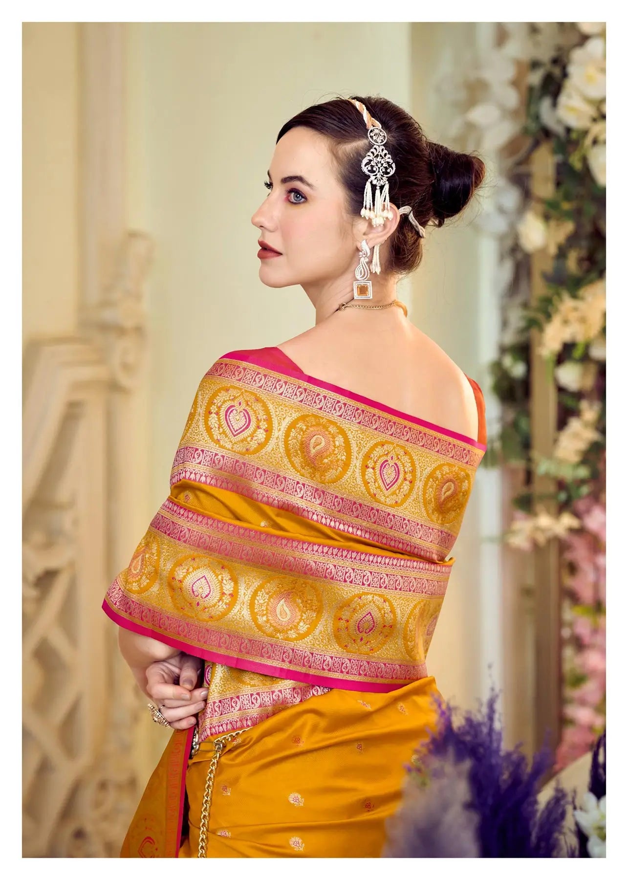 Yellow Pure Soft Banarasi Silk Saree with Zari Weaving & Contrast Border