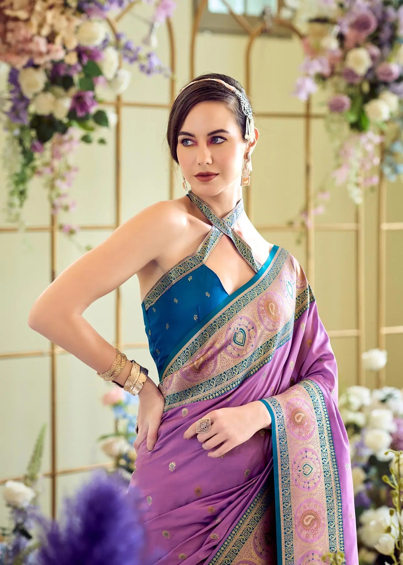 Dusty Purple Pure Soft Banarasi Silk Saree with Zari Weaving & Contrast Border