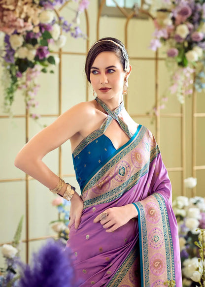 Dusty Purple Pure Soft Banarasi Silk Saree with Zari Weaving & Contrast Border
